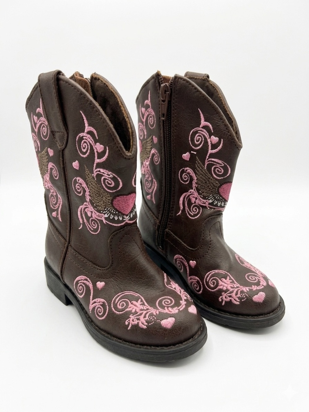 Roper Kids Brown Western Cowboy Boots with Pink Heart Embroidery